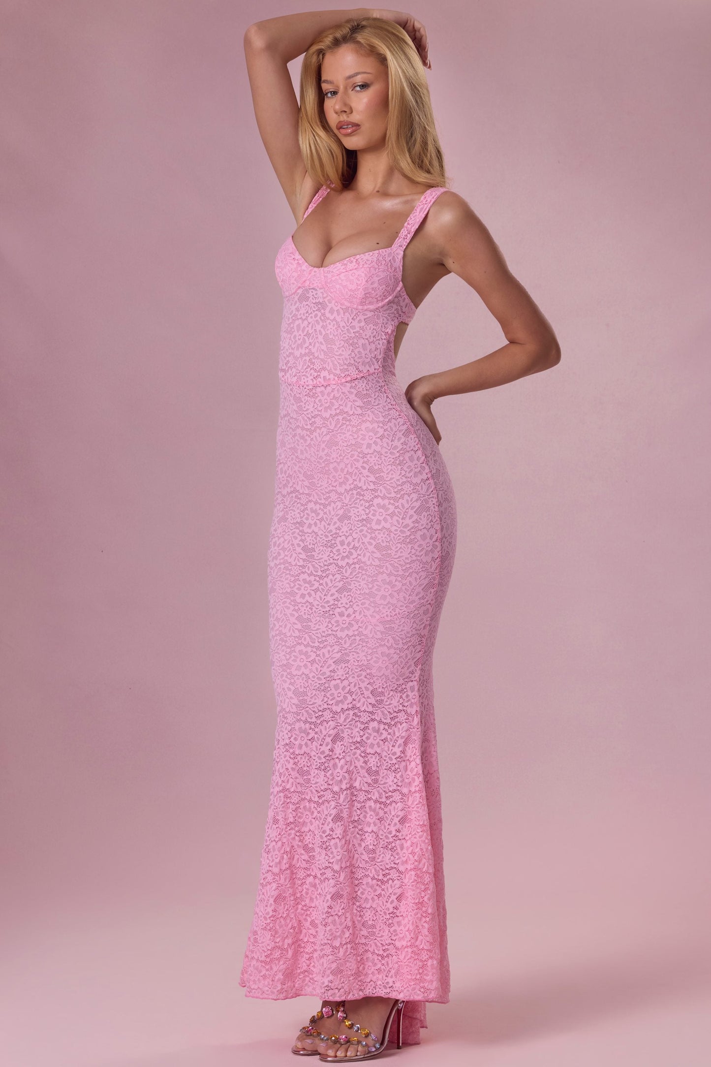 Premium Lace Sweetheart-Neck Gown in Blush Pink