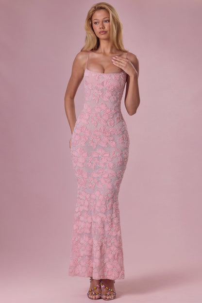 Embellished Square Neck Maxi Dress in Blush Pink