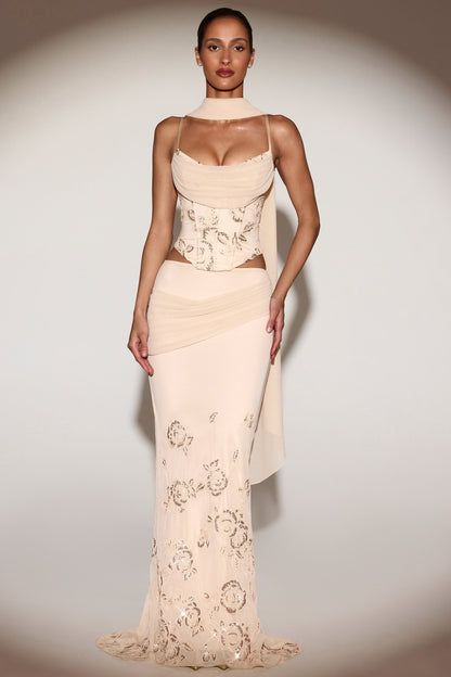 Embellished Lace-Up Corset Top With Scarf in Gold