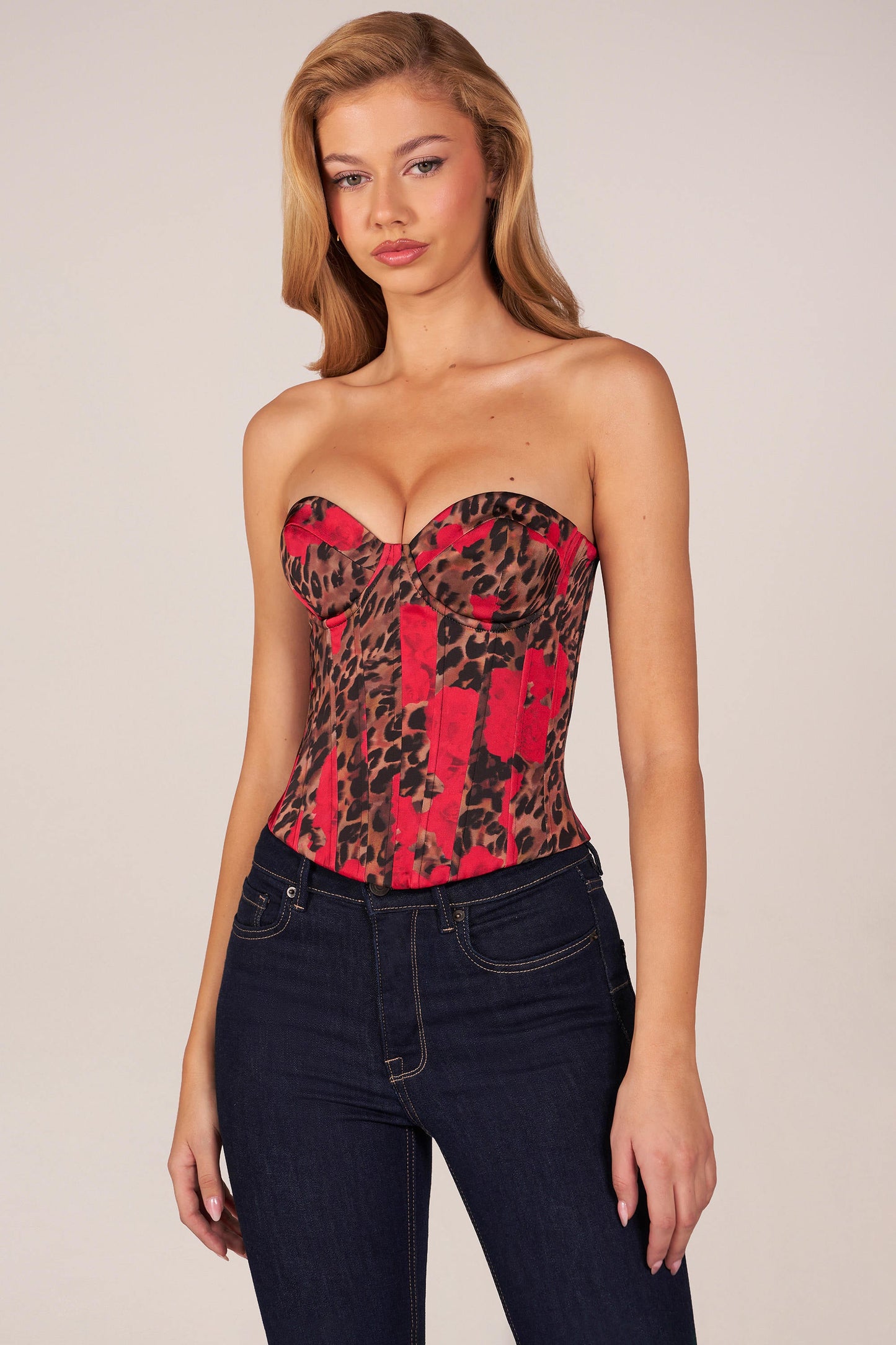 Bandeau Lace-Up Corset Top  in Rose Leopard Print