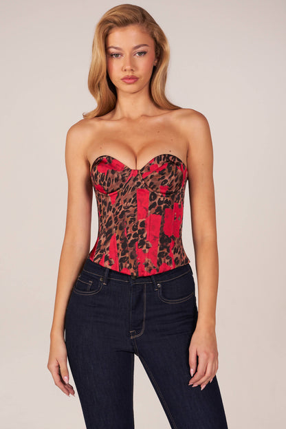 Bandeau Lace-Up Corset Top  in Rose Leopard Print