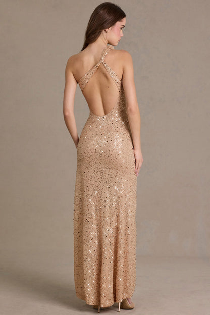 Premium Embellished Asymmetric One-Shoulder Maxi Dress in Beige Gold