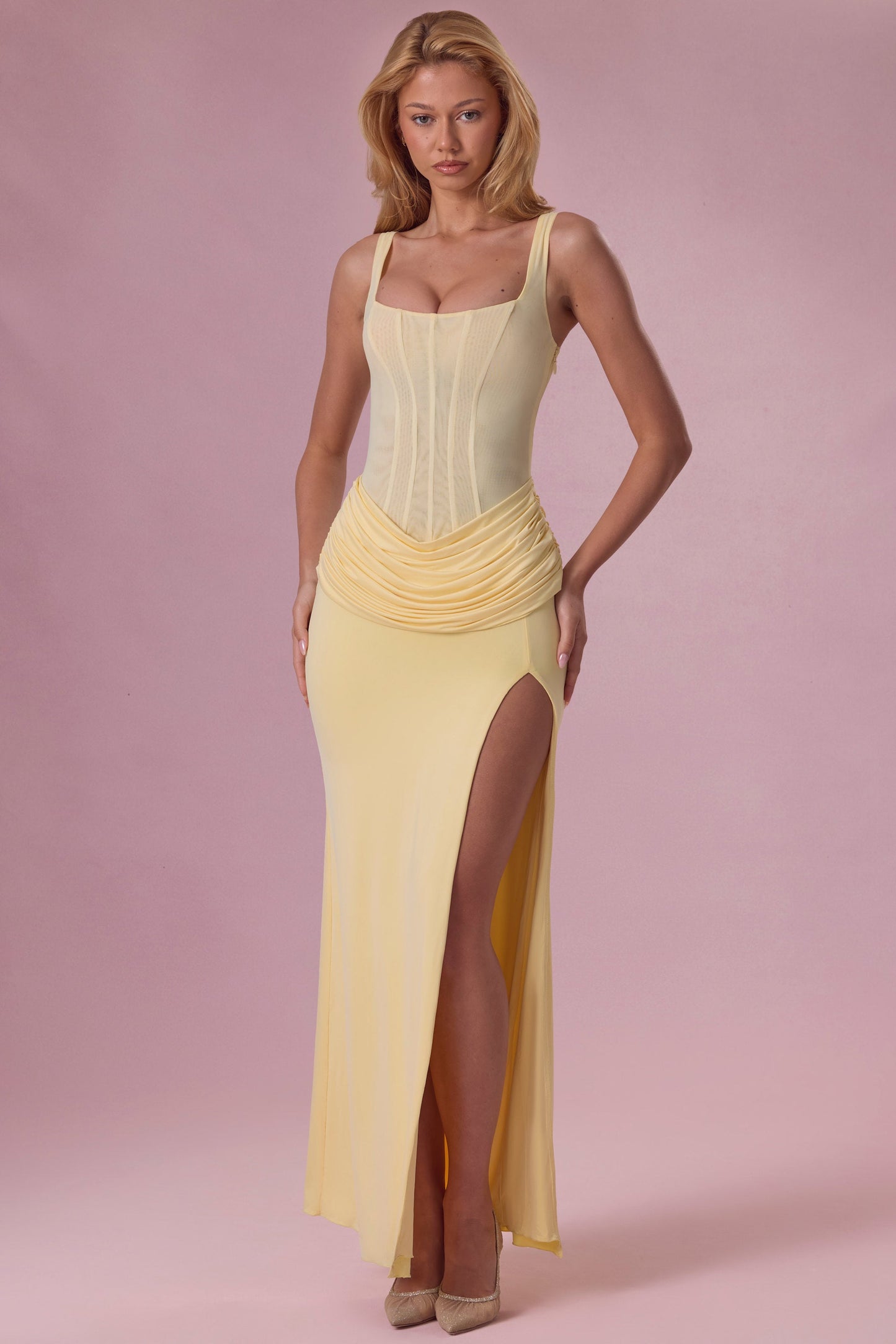 Premium Mesh Draped Bridesmaid Dress in Butter Yellow