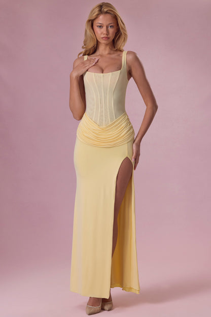 Premium Mesh Draped Bridesmaid Dress in Butter Yellow
