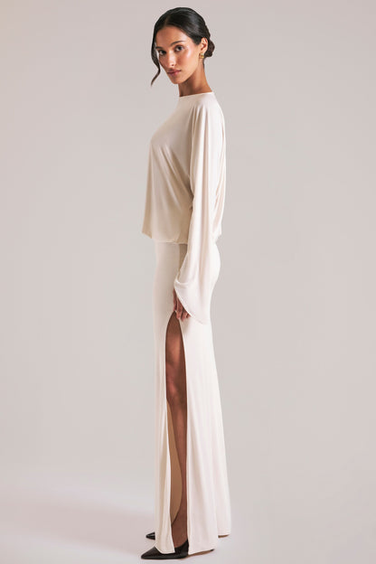 Long-Sleeve Draped Maxi Dress in Ivory