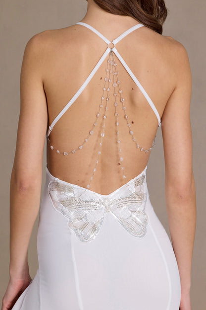 Premium Chiffon Cowl-Neck Open-Back Gown in White