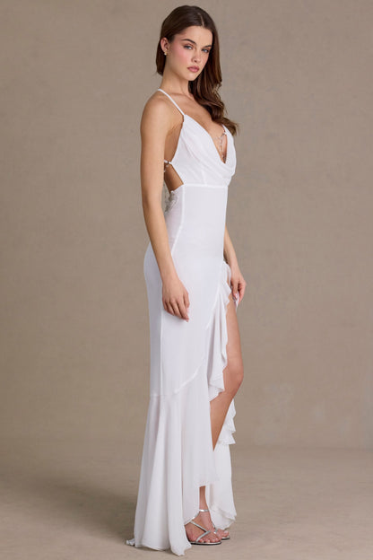Premium Chiffon Cowl-Neck Open-Back Gown in White